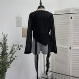 Real Shooting Wasteland Wind Irregular Ribbon Hollow Hole Knitted Shirt Collar Loose Long-Sleeved T-Shirt 9277