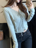 Sweet Babes V Tie With Long-Sleeved Knitted Shirt Girls Autumn New Wooden Ear Splicing Short Thin Niche Tops
