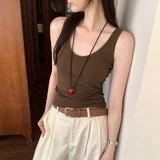 Small-Sized Retro Threaded U-Neck Wide Shoulder Strap Sleeveless Sling Vest Women's New Summer With Chest Pads Short Top