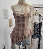 Real Lattice Splicing Lace Ribbon Ribbon Swing Tie Sling Sling Vest Irregular Lotus Leaf Side Hottie Top 8078