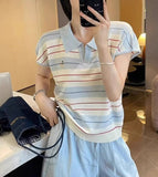 Collider Striped Polo Shirt Over Small Flying Sleeve Knitted T-Shirt Women's Summer Design Sense Age-Supling Embroidery Loose Top
