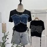 Fake Two Denim Hair Side Spliced Short-Sleeved T-Shirt Side-Swaist Lace With Short Repair Body Coat 26302