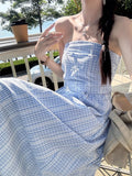 Gentle Style Temperament Blue Lattice Slinged Skirt Women's Summer New French High-End Waist Dress