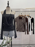 Real Shooting Hottie Shoulder Bead Hanging Neck Cross-Neck Wrinkles Two Long-Sleeved Tops To Repair T-Shirt 2861