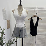 Deep V Hanging Neck With Chest Pad Sling On Both Sides Of The Strapped Open Fork-Lo-Back Zipper Short Babes Top 6310