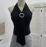 Real Shot With Chest Pad Hanging Neck With Metal Buckle Sling Vest Women Short Knitted Sleeveless Top 9293