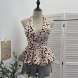 Real Shooting With Chest Pad Crumm Flower Hanging Neck Sling Vest Women's Summer Dress Sexy Deep V Skirt Swing Waist Sleeveless Top 9335