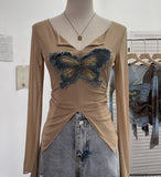 Real Shooting Pure Sexful V-Neck Umbilly T-Shirt Female Hairy Denim Butterfly Embroidered Mesh Yarn Long Sleeve Top 9996