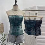 Real Shooting Denimed Tie-Dye Printing Mesh Yarn Tectar Tset With Chest Cushion Anti-Slip Vest Short Top 1255