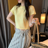 Korean Version Of Yellow Shoulder Short-Sleeved T-Shirt Women's Summer 2026 New Thin High-End Sense Slim Short Top