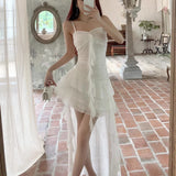 Seaside Holiday White Mesh Yarn Tailing Lotus Side Sling Dress Niche Design French Temperament Skirt Summer