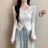 Lace Fashion New Splicing V-Neck 2025 Coat Bow Tie With Waist-Up Small Jersey Knitwear