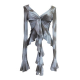 Irregular Kinking Of The Net Yarn Irregularly Kinked Lotus Lobe Slings Shoulder Horn Sleeve T-Shirt Short Top 2618