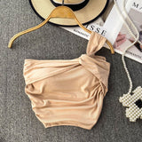 Sweet Spice Girls 2025 Slant Shoulder Brasing Small Suspension Summer New Breast Folding Sexy Shoulder Outside Put On The Tide