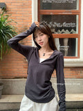 Miu Line Gray Fake Two-Piece Hooded Long-Sleeved T-Shirt Girl Early Autumn And Winter Design Sense Half Zipper Repair Bottom Shirt Top