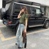 Vintage Sen Loose Army Green Short-Sleeved T-Shirt Women 2025 Summer New Korean Unique Beautiful Top