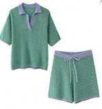 2025 New Women's Loose Knitting POLO Shirt Blond High-Waisted Knit Shorts Set 6427041