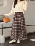 New Autumn Lattice Splicing Large Swing Net Yarn Half-Dress Classic High-Rise Thin A-Word Long Skirt Woman