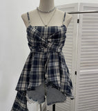 Real Shooting Irregular Skirt Lattice Sling Vest Women's Summer Design Sleeveless Top 9151