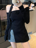 Pure Three-Dimensional Flowers Shoulder-Opened Long-Sleeved Knitted Shirt 2025 Autumn New Slim Top Woman Tide