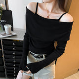 Pink Hanging Neck Sling Fake Two Ragged Long-Sleeved Knitted Shirt Women Early Autumn 2025 New Word Shoulder-Lved Shoulder Coat