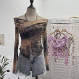 Real Shot Shoulder Strap Hanging Neck Pure Lust Wind Long-Sleeved T-Shirt Repair Cross-Folded Open Fork Short Top 9932