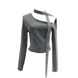 Autumn Spice Girls Slant Shoulder Cowboy Shirt Design Sense Of The Neck With Long Sleeves And Short-Term Repair Bodysuit 2668