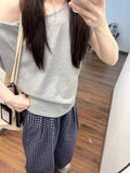 Lazy Commuting Leisure Sports Suit Women's Summer Slanted Shoulders Short-Sleeved T-Shirt Loose Lattice Broad Leg Pants Two-Set
