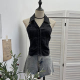 Hanging Neck V-Neck Single Buckle Denim Vest Repair Behind The Back Tight To Take A Short Sleeveless Top Lady 830