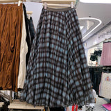 Autumn New Lattice Splicing Large Swing Net Yarn Half-Dress Classic High-Rise Slim A-Character Long Skirt Woman