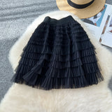 Hepburn Style Simple Solid Color Mesh Dress High Waist Tight Thin Design Careful Hot Girl Cake Skirt