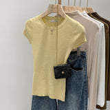 Spring And Summer New Leisure Round Collar Solid Color Repair Elastic Knitting T-Shirt Girl