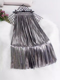 Metal Bright Reflective Skirt New Station High Waist Thin 100-Fold Skirt Mid-Long Half-Dress Woman