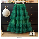 New Heavy Industry Lace Cake Skirt Long Dress Sweet Wind High Waist Wood Ear Mesh Skirt 8103