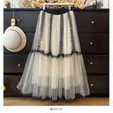 French Wave Point Mesh Splicing Layer Fluffy Skirt Women's Spring And Summer 2025 New Wooden Ear High-Waist Loose Swing Skirt