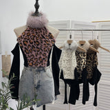 Real Shooting Leopard-Print Hair Hanging Neck High Shoulder Long-Sleeved T-Shirt Female Spliced Retro Hottie Short Top 2812-1