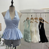 French Retro Hanging Neck Tie With Bare Back Sling Skirt Folded Short Sleeveless Top Woman 9225