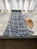 Rotating Skirt ~ Blue Lattice Mesh Yarn Half-Dress Woman Oversized Swing A Word Hundred Fold Skirt Wood Ear Splicing Cake Skirt