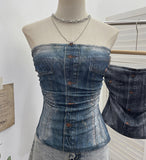 Real Shooting Denimed Tie-Dye Printing Mesh Yarn Tectar Tset With Chest Cushion Anti-Slip Vest Short Top 1255