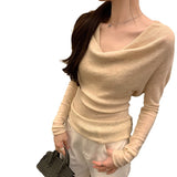 One-Word Shoulder Collar Gentle Little Scented Thin Long-Sleeved Knitted Shirt Girl Early Autumn New Korean Temperament Repair Body