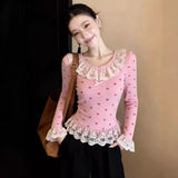 Sweet Wind Pink Love Lace Lace Long-Sleeved Bottom Shirt Woman Spring Slimming Temperament Beautiful Little Top