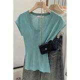 2026 Early Spring Direct Sale Lazy And Relaxed Feeling U Collar Knitted Shirt Women Set Up A Fashionable Short-Sleeved T-Shirt Summer