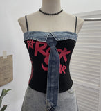 Real Shooting Denim Spliced Print Tie Sling Sling Waist Wearing Hot Girl Bra Short Sleeveless Top Lady 8930