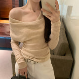 One-Word Shoulder Collar Gentle Little Scented Thin Long-Sleeved Knitted Shirt Girl Early Autumn New Korean Temperament Repair Body