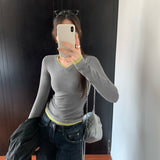 Unique Super-Looking Colliding Color Splicing V-Neck Long Sleeves With A Bottom Shirt Woman 2025 New Early Autumn Single T-Shirt Top