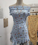 Real Shooting Holiday Wind Shoulder Folding Net Grums Flower Top Design Feeling Drift With Unique T-Shirt 1203