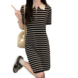 Striped POLO Collar Zipper Knitted Dress Women Summer Korean Loose Sweet And Lovely Design Short-Sleeved Skirt