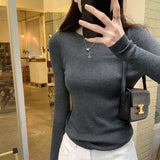 Design Sense Collar Knitted Jersey Women's Spring And Autumn New Shoulder Jacket T-Shirt With Long-Sleeved T-Shirts
