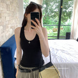 Small-Sized Retro Threaded U-Neck Wide Shoulder Strap Sleeveless Sling Vest Women's New Summer With Chest Pads Short Top