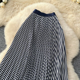 Striped Half-Dress Women 2026 New Tight Waist Hanging Long Skirt Wave Hem Swing 100 Folds Skirt